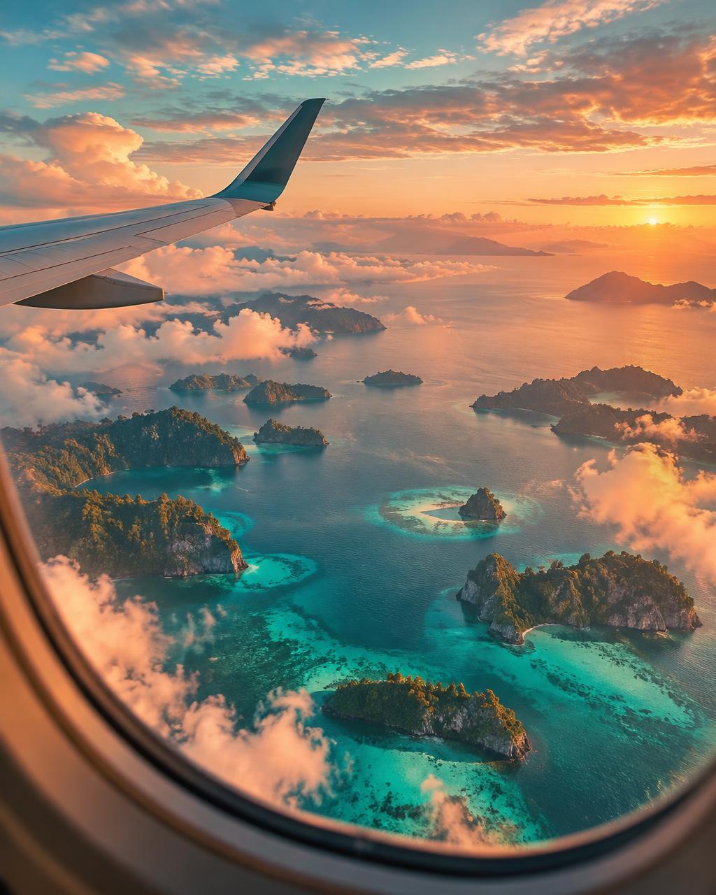 View of tropical islands from an airplane window